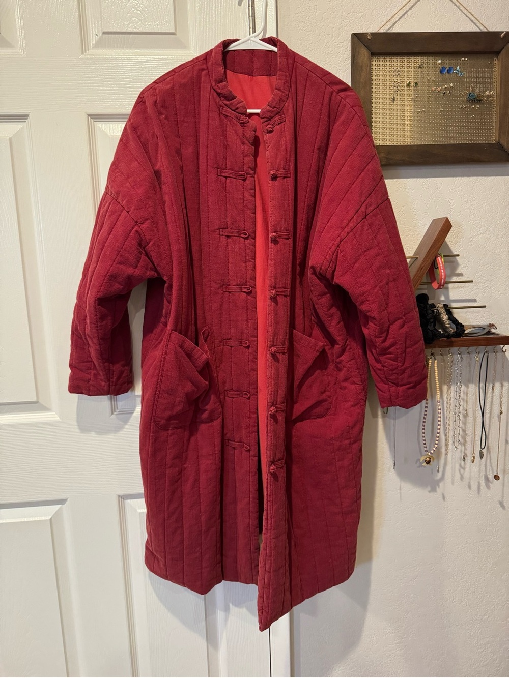 Red long unstructured coat